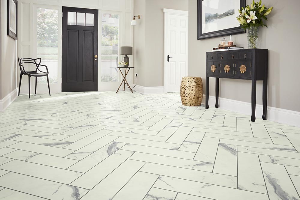 Entry Foyer Luxury Vinyl Tile Herringbone LVT -  Alsea Bay Granite Interiors in Waldport, OR